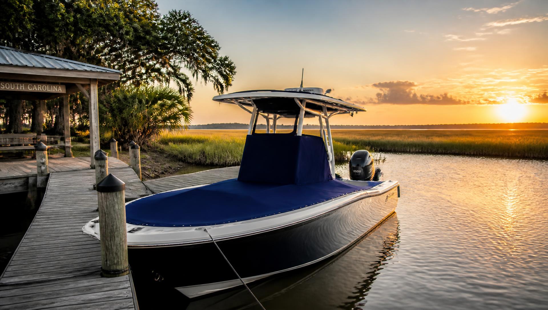 Center console boat with a navy custom canvas cover docked in a South Carolina marsh at sunset